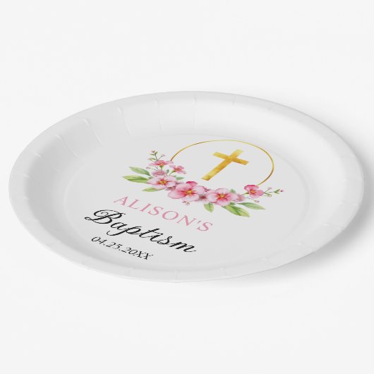 ピンクの花模様と金ゴールドクロスガールフローラバプテスマ ペーパープレート (アングル)