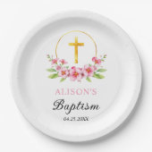 ピンクの花模様と金ゴールドクロスガールフローラバプテスマ ペーパープレート (正面)
