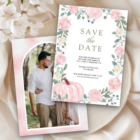 ピンクの花模様のかぼちゃの写真の結婚式 セーブザデート