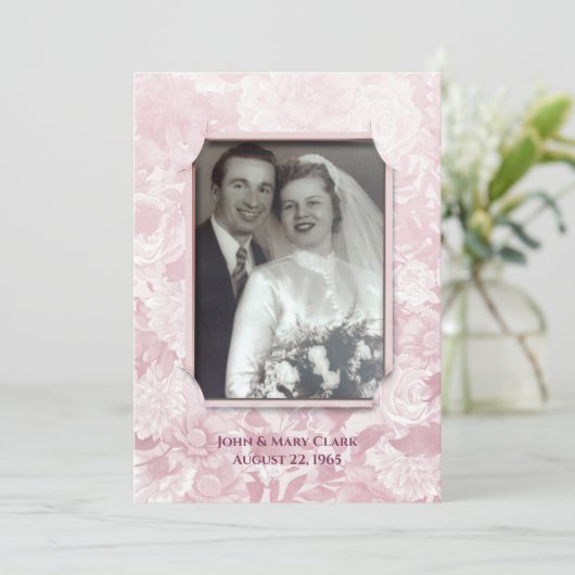 ピンクの花模様のアニバーサリー パーティー フォトフレーム 招待状 (スタンド正面)