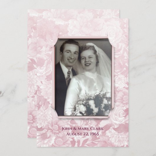ピンクの花模様のアニバーサリー パーティー フォトフレーム 招待状 (正面/裏面)