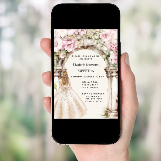 ピンクの花模様のアーチホワイトドレス甘い16 招待状