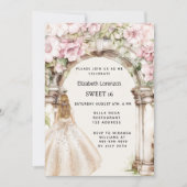 ピンクの花模様のアーチホワイトドレス甘い16 招待状 (正面)