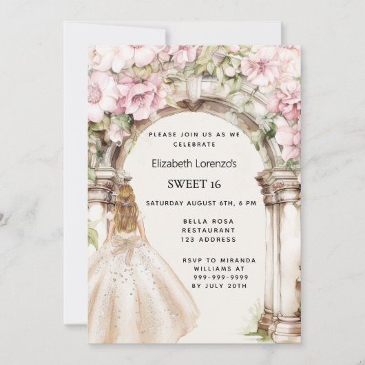 ピンクの花模様のアーチホワイトドレス甘い16 招待状 (正面)