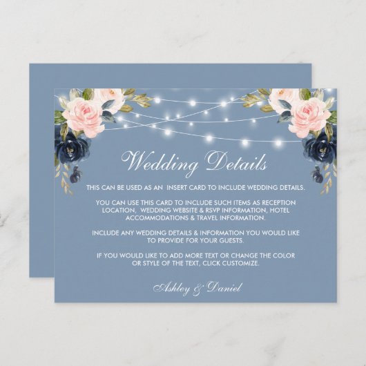 ピンクの花模様のダスティーブルーのライト ウェディングの詳細カード ポストカード (正面/裏面)
