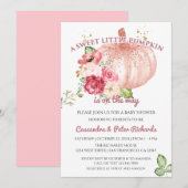 ピンクの花模様のパンプキン ピンクゴールド ベビーガール シャワー 招待状 (正面/裏面)