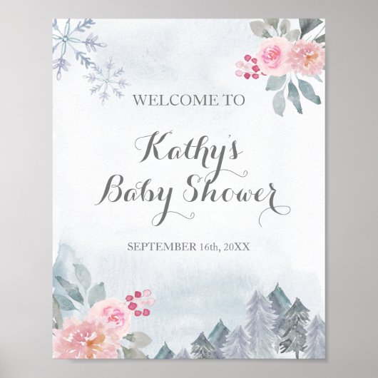  ピンクの花模様の冬の雪の結晶が歓迎します ポスター (正面)