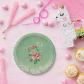 ピンクの花模様の壁紙のプレートとのかわいらしい緑 ペーパープレート (パーティー)