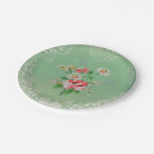 ピンクの花模様の壁紙のプレートとのかわいらしい緑 ペーパープレート (アングル)