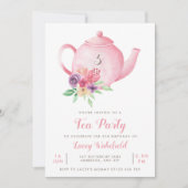 ピンクの花模様の湯飲み 女の子の誕生日お茶会 招待状 (正面)