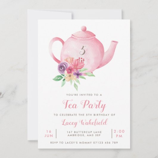 ピンクの花模様の湯飲み 女の子の誕生日お茶会 招待状 (正面)