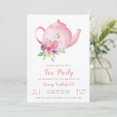 ピンクの花模様の湯飲み 女の子の誕生日お茶会 招待状 (スタンド正面)