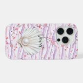 ピンクの花模様の紫のストライプのシェルパール iPhoneケース (裏面横)
