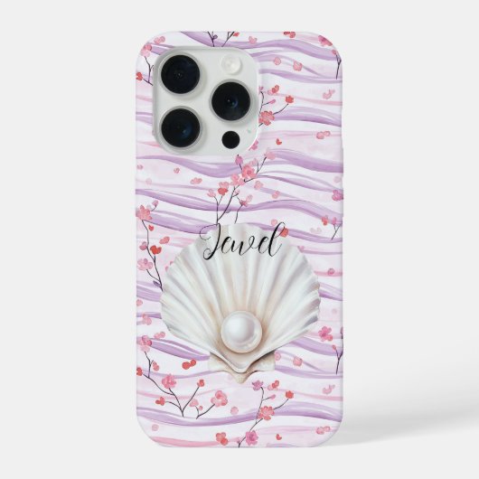 ピンクの花模様の紫のストライプのシェルパール iPhoneケース (裏面)