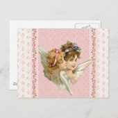 ピンクの花模様の背景にエンジェルが描かれています。 ポストカード (正面/裏面)