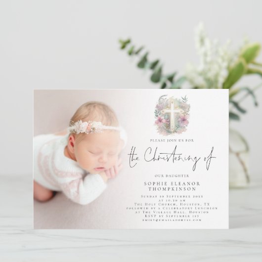 ピンクの花模様の葉クロスフォト《キリスト教》洗礼式や命名式 招待状 (スタンド正面)