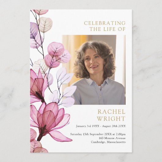 ピンクの花模様の追悼 葬儀 式次第 プログラム (正面)