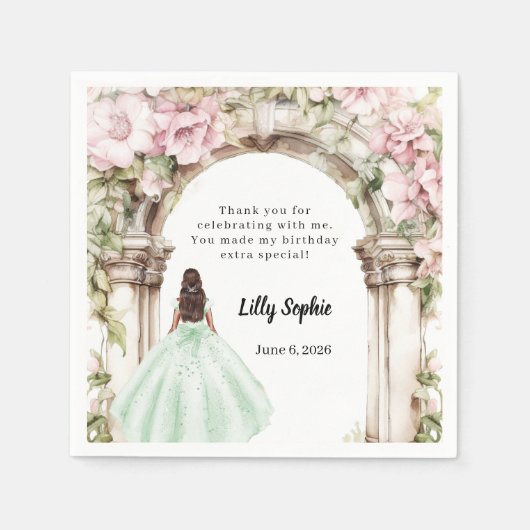 ピンクの花模様アーチグリーンドレス誕生日 スタンダードカクテルナプキン (正面)