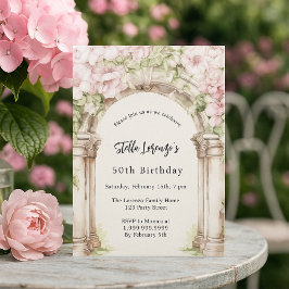 ピンクの花模様アーチベージュの誕生日の招待