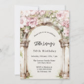 ピンクの花模様アーチベージュの豪華な誕生日 招待状 (正面)