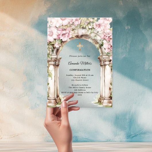 ピンクの花模様アーチ少女の確認 アクリル招待状