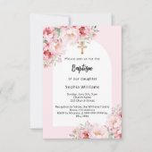 ピンクの花模様アーチ金ゴールドクロスガールバプテスマ 招待状 (正面)