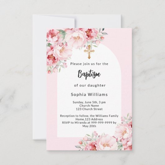ピンクの花模様アーチ金ゴールドクロスガールバプテスマ 招待状 (正面)