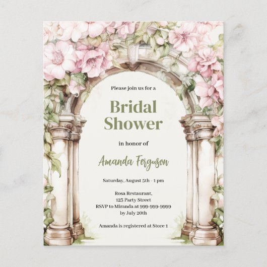 ピンクの花模様アーチbeigeブライダルシャワー招待 (正面)