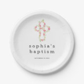 ピンクの花模様クロスネーム日付ガールバプテスマ紙Pl ペーパープレート (正面)