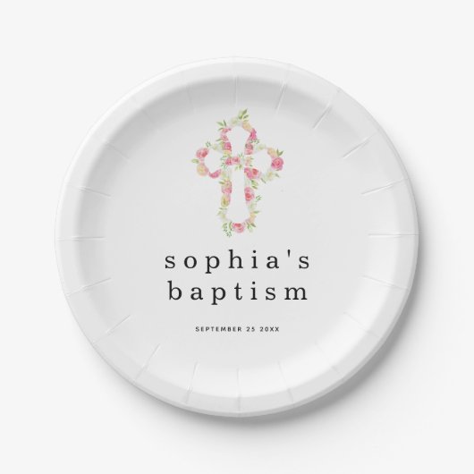 ピンクの花模様クロスネーム日付ガールバプテスマ紙Pl ペーパープレート (正面)