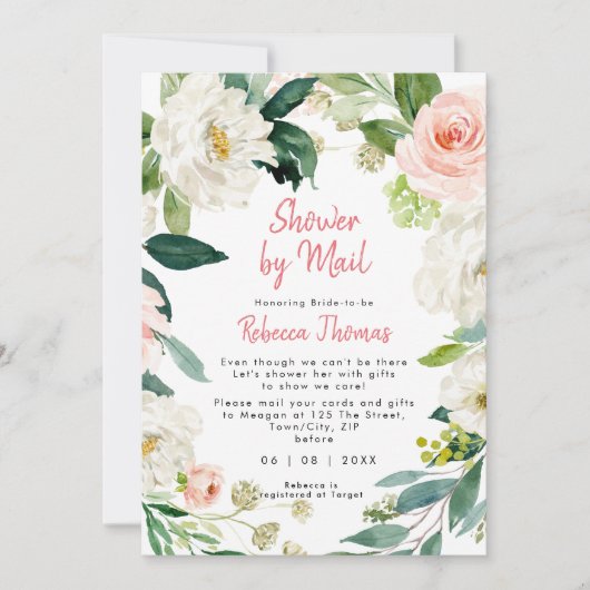 ピンクの花模様シャワーメールアファーブライダルシャワー 招待状 (正面)