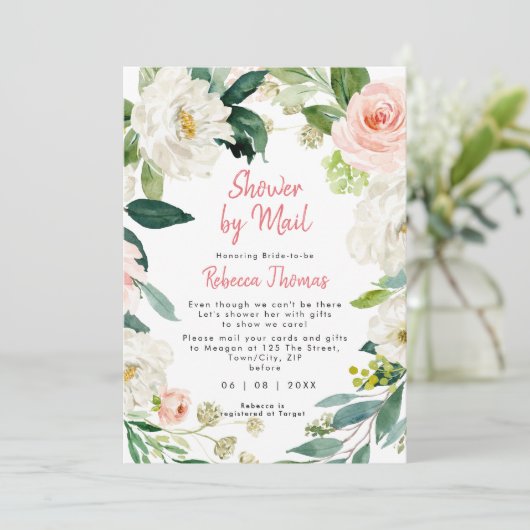 ピンクの花模様シャワーメールアファーブライダルシャワー 招待状 (スタンド正面)