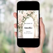 ピンクの花模様バラアーチ誕生日へようこそ ポスター