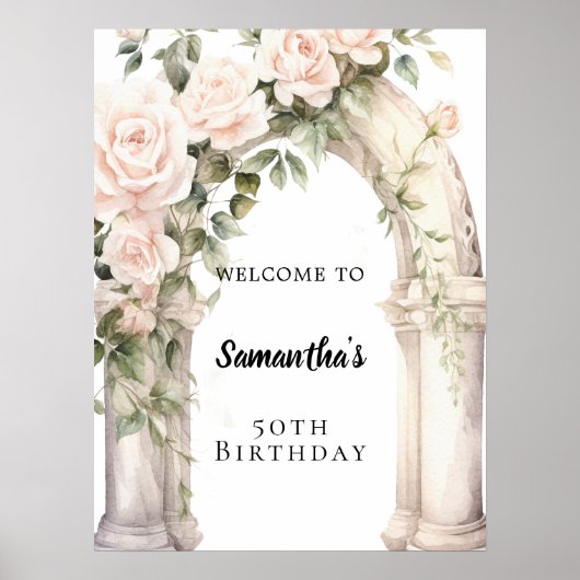 ピンクの花模様バラアーチ誕生日へようこそ ポスター (正面)