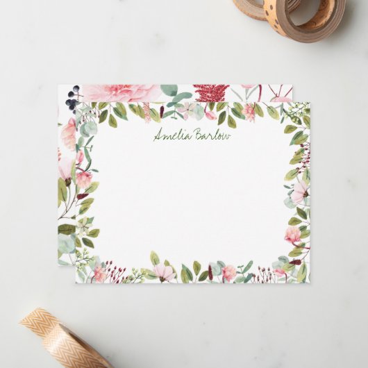 ピンクの花模様パーソナライズされたフラットノートカード ノートカード (正面/裏面インサイチュ)
