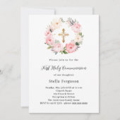 ピンクの花模様リースクロスガールファースト聖餐式 招待状 (正面)