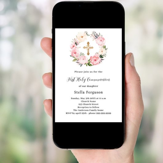 ピンクの花模様リースクロスガールファースト聖餐式 招待状