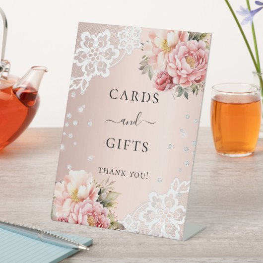 ピンクの花模様レースカードのギフトサイン 台座サイン (インサイチュ)