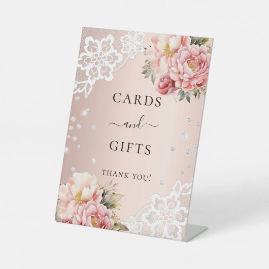 ピンクの花模様レースカードのギフトサイン 台座サイン (正面)