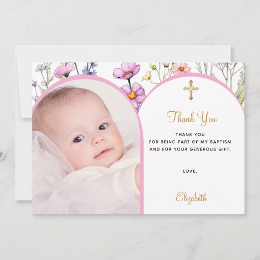 ピンクの花模様写真のアーチの女の子がバプテスマを渡る サンキューカード (正面)