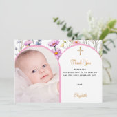 ピンクの花模様写真のアーチの女の子がバプテスマを渡る サンキューカード (スタンド正面)