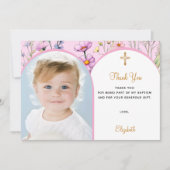 ピンクの花模様写真のアーチの女の子がバプテスマを渡る サンキューカード (正面)