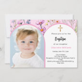 ピンクの花模様写真のアーチの女の子がバプテスマを渡る 招待状 (正面)