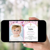 ピンクの花模様写真のアーチの女の子がバプテスマを渡る 招待状