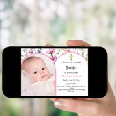 ピンクの花模様写真のアーチの女の子がバプテスマを渡る 招待状