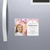 ピンクの花模様写真アーチ少女ファースト・ホリー・コミュニオン マグネット招待状
