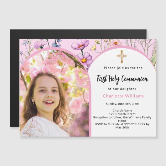 ピンクの花模様写真アーチ少女ファースト・ホリー・コミュニオン マグネット招待状 (正面/裏面)