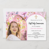 ピンクの花模様写真アーチ少女ファースト・ホリー・コミュニオン 招待状 (正面)