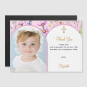 ピンクの花模様写真バプテスマありがとうマグネットカード (正面/裏面)