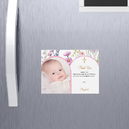 ピンクの花模様写真バプテスマありがとうマグネットカード